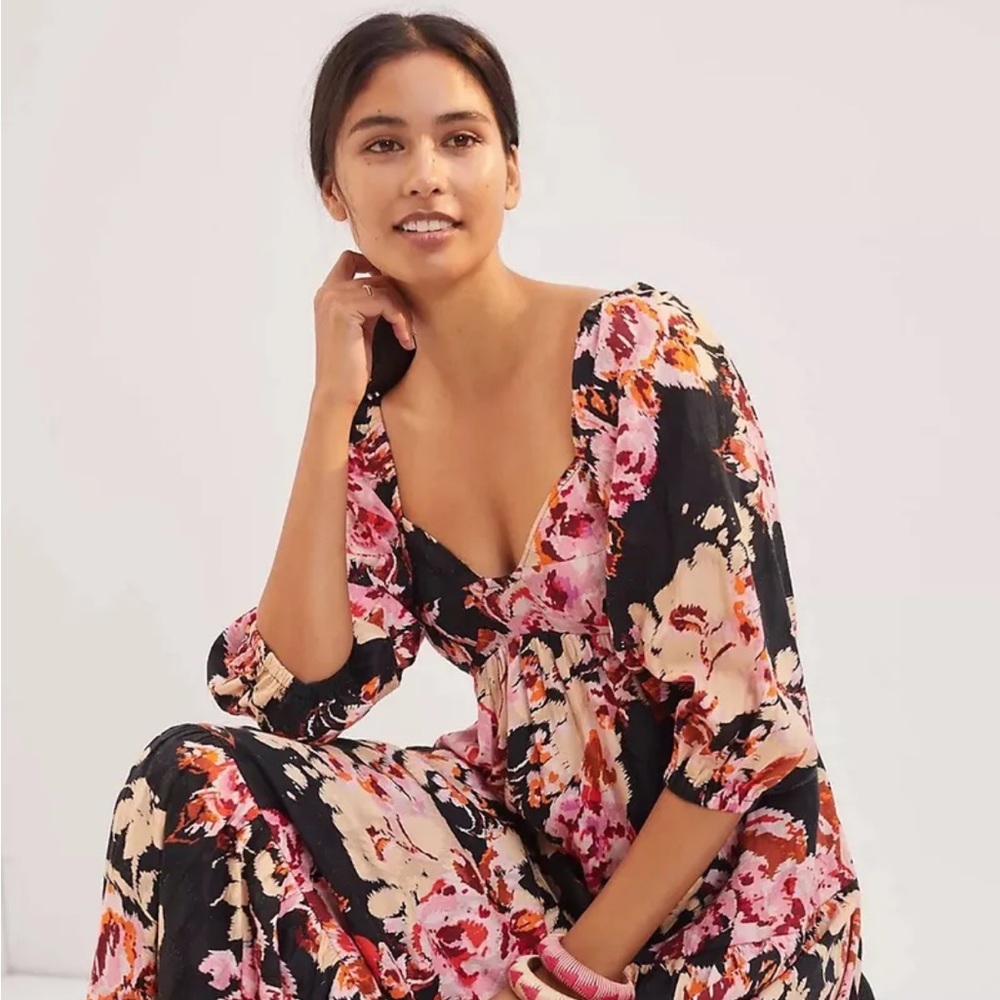 ANTHROPOLOGIE Sz XS BLOSSOM MAXI DRESS IN BLACK FLORAL MOTIF